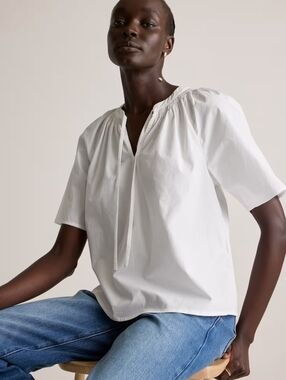 Quince 100% Organic Cotton Poplin Split Neck Top Classic White Size Large